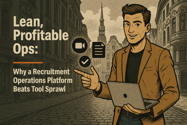 Retro comic/halftone cover: SkillSeek presenter in a tan blazer holds an open laptop and points toward three icons (video, document, checklist) on a cobblestoned Riga street with Art Nouveau façades and a church spire; left overlay reads “Lean, Profitable Ops: Why a Recruitment Operations Platform Beats Tool Sprawl,” separated by a thin #F26A1E divider.