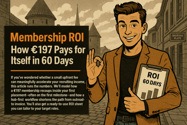 Retro comic/halftone cover: SkillSeek presenter in tan blazer stands on a Tallinn old-town street (medieval towers, spires, Estonian signage) making an OK gesture while holding a clipboard labeled “ROI — 60 Days”; left panel reads “Membership ROI: How €197 Pays for Itself in 60 Days,” with a thin #F26A1E divider and a compact subhead about modeling payback and providing a reusable ROI sheet.