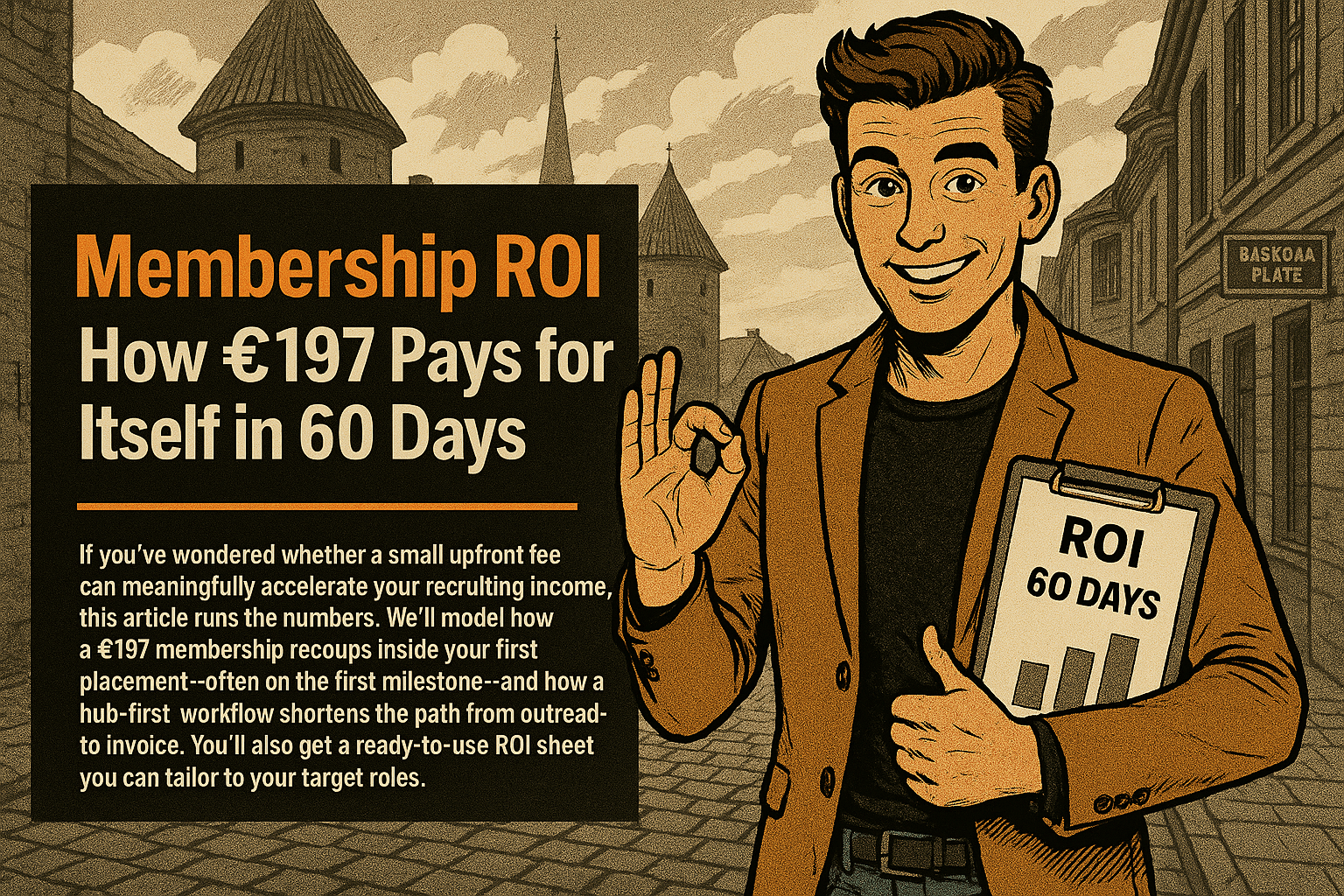 Retro comic/halftone cover: SkillSeek presenter in tan blazer stands on a Tallinn old-town street (medieval towers, spires, Estonian signage) making an OK gesture while holding a clipboard labeled “ROI — 60 Days”; left panel reads “Membership ROI: How €197 Pays for Itself in 60 Days,” with a thin #F26A1E divider and a compact subhead about modeling payback and providing a reusable ROI sheet.