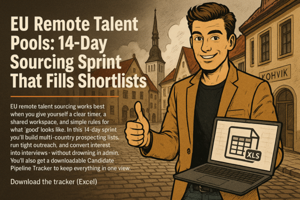 Retro comic/halftone cover: SkillSeek presenter in tan blazer holds an open laptop showing an XLS icon and gives a thumbs-up on a Tallinn old-town street (steepled church, red roofs, “Kohvik” sign); left text panel reads “EU Remote Talent Pools: 14-Day Sourcing Sprint That Fills Shortlists,” with a thin #F26A1E divider and a compact subhead about a timer, shared workspace, simple rules, and a downloadable Candidate Pipeline Tracker (Excel).