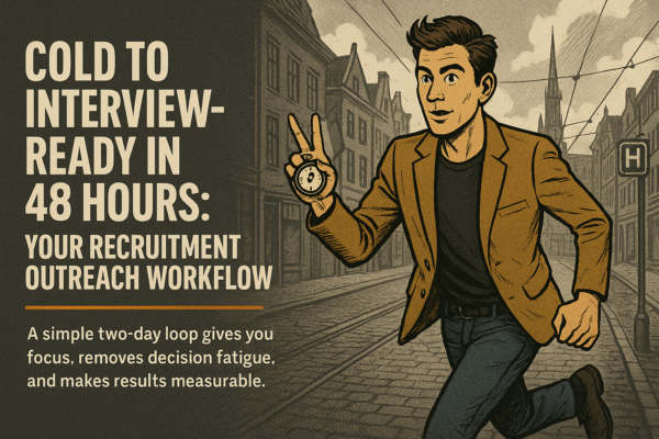 Retro comic/halftone cover: SkillSeek presenter in tan blazer sprints along a Hague street with tram wires and gabled buildings, holding a stopwatch and flashing two fingers for a two-day loop; left panel reads “Cold to Interview-Ready in 48 Hours: Your Recruitment Outreach Workflow,” with a thin #F26A1E divider and a short subhead about speed and a simple two-day loop.
