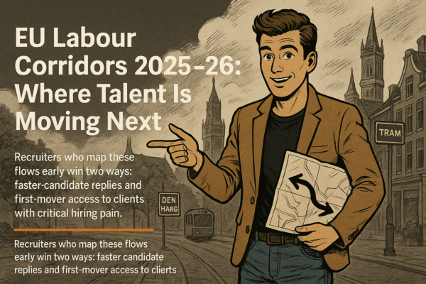 Retro comic/halftone cover: SkillSeek presenter in tan blazer holds a folded corridor map and points toward the left text on a Hague street with tram tracks, “DEN HAAG” signage, and spired buildings; headline reads “EU Labour Corridors 2025–26: Where Talent Is Moving Next,” with a thin #F26A1E divider and a compact subhead about forecasting flows and using a corridor tracker.