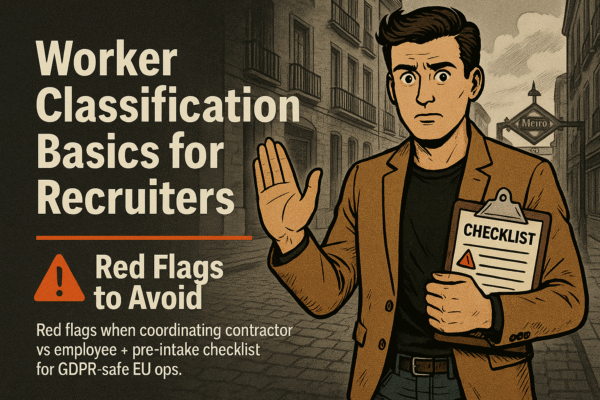 Retro comic/halftone cover: SkillSeek presenter in tan blazer raises a caution hand while clutching a “CHECKLIST” clipboard on a Madrid street with wrought-iron balconies and a Metro sign; left panel headline reads “Worker Classification Basics for Recruiters: Red Flags to Avoid,” with a small #F26A1E warning icon and divider.