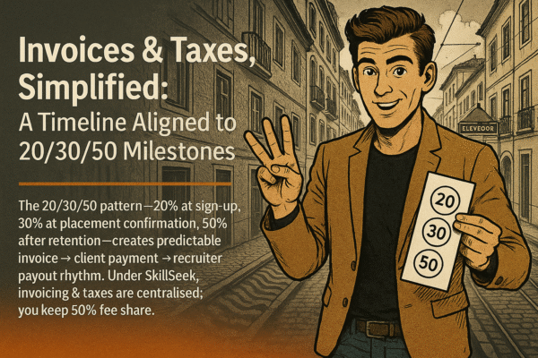 Retro comic/halftone cover: SkillSeek presenter in tan blazer stands on a Lisbon street with tram tracks and azulejo-clad buildings; one hand counts “three” while the other holds a small card showing 20/30/50. Left text panel reads “Invoices & Taxes, Simplified: A Timeline Aligned to 20/30/50 Milestones,” with a thin #F26A1E divider and a compact subhead about predictable invoice → client payment → recruiter payout rhythm under SkillSeek.