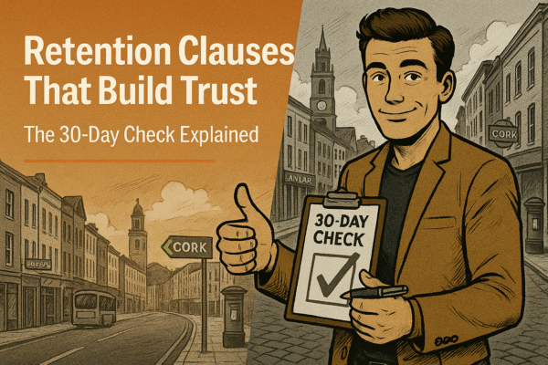 Retro comic/halftone cover: SkillSeek presenter in tan blazer stands on a Cork city street, giving a thumbs-up while holding a clipboard marked “30-DAY CHECK”; behind him are Irish shopfronts, a “Cork” direction sign, and a church tower. Left text panel reads “Retention Clauses That Build Trust: The 30-Day Check Explained,” with a thin #F26A1E divider.