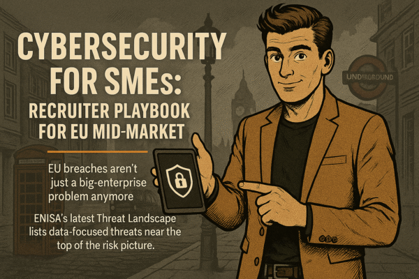 Retro comic/halftone cover: SkillSeek presenter in tan blazer points to a tablet with a shield/lock icon on a London street; Big Ben silhouette and an Underground roundel in the background. Left panel reads “Cybersecurity for SMEs: Recruiter Playbook for EU Mid-Market,” with a thin #F26A1E divider and a brief note citing ENISA’s Threat Landscape and SME-focused roles.