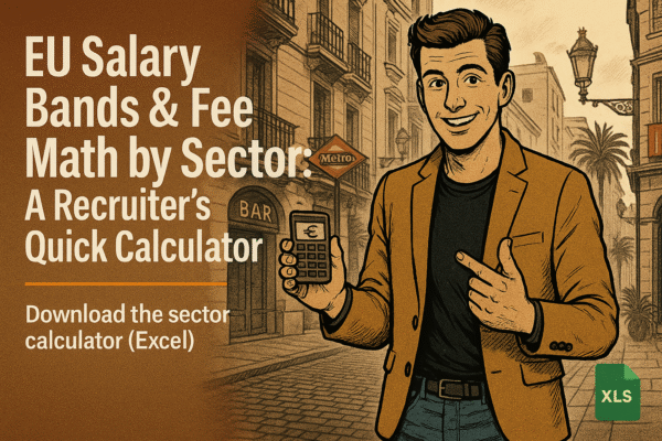 Retro comic/halftone cover: SkillSeek presenter in tan blazer holds up a calculator with a euro symbol and points to it on a Barcelona street with wrought-iron balconies, palm trees, and a red Metro diamond sign; left text panel reads “EU Salary Bands & Fee Math by Sector: A Recruiter’s Quick Calculator,” with a thin #F26A1E divider and a line “Download the sector calculator (Excel).”