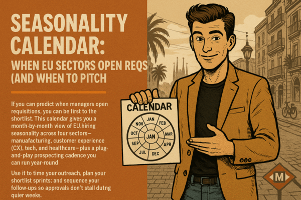 Retro comic/halftone cover: SkillSeek presenter in tan blazer holds a circular “Calendar” board and gestures toward it on a Barcelona street with palm trees, wrought-iron balconies, and Sagrada Família in the distance; left panel reads “Seasonality Calendar: When EU Sectors Open Reqs (and When to Pitch),” with a thin #F26A1E divider and a compact subhead about month-by-month hiring patterns and a prospecting cadence.