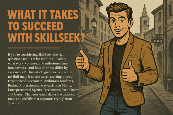 Retro comic/halftone cover: SkillSeek presenter in tan blazer gives two thumbs up on an Italian street with stone facades, lanterns, and a small bell tower; left panel reads “What It Takes to Succeed with SkillSeek?” with a compact subhead mapping seven starting points and the work/volumes that convert to payouts; thin #F26A1E divider.