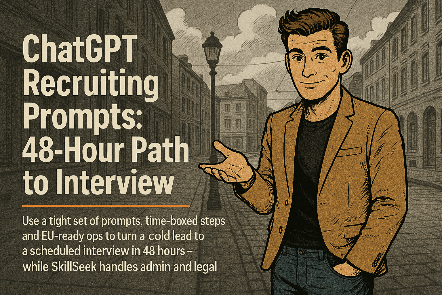 Retro comic/halftone cover: SkillSeek presenter in tan blazer gestures on a European cobblestone street with tram wires and lamppost; left panel shows “ChatGPT Recruiting Prompts: 48-Hour Path to Interview”