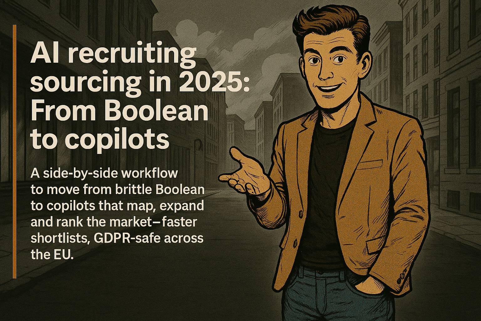 Retro comic-style cover: warm-toned presenter in a tan blazer gestures on a desaturated city street; thin orange divider; left text panel reads “AI Recruiting Sourcing in 2025: From Boolean to Copilots” with a GDPR-safe workflow subhead.