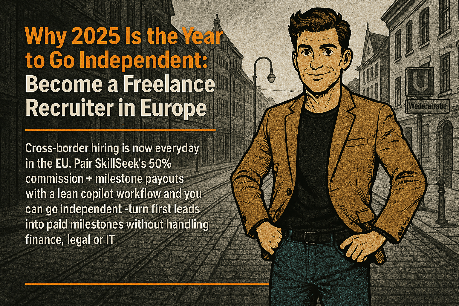 Retro comic/halftone cover: SkillSeek presenter in tan blazer, hands on hips, stands on a German city street with tram tracks, bollards, and a U-Bahn “U” sign; left panel shows “Why 2025 Is the Year to Go Independent: Become a Freelance Recruiter in Europe” with a short subhead and a thin #F26A1E divider.