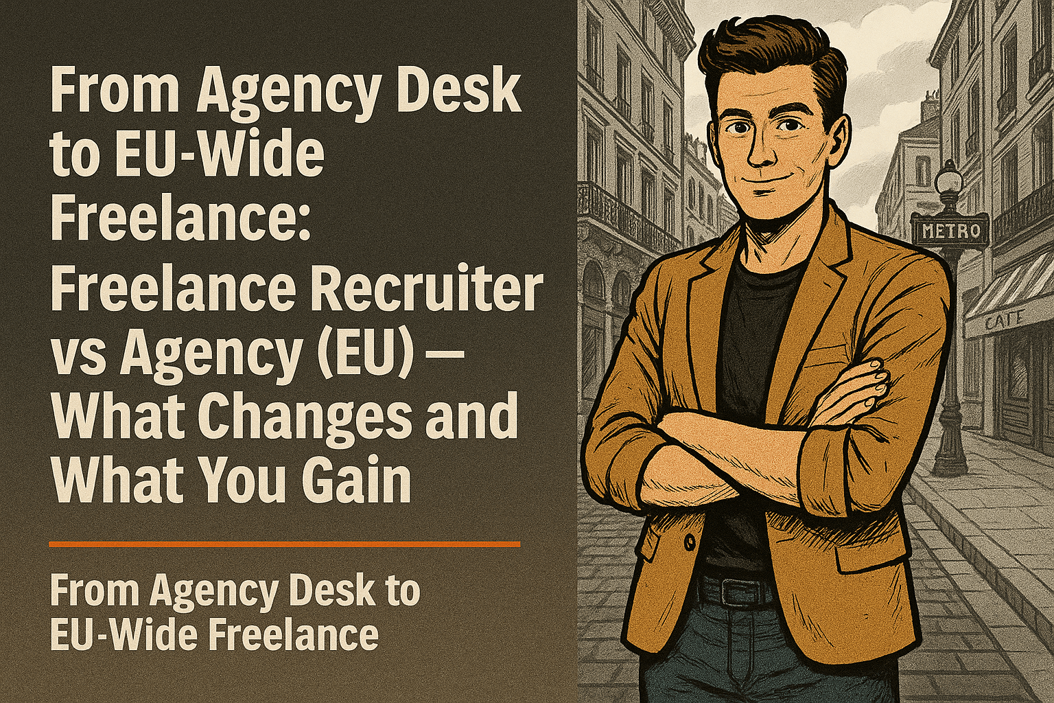 Retro comic/halftone cover: SkillSeek presenter in tan blazer stands arms-crossed on a French street with Haussmann facades, café awning, and a Métro sign; left panel carries the headline “From Agency Desk to EU-Wide Freelance: Freelance Recruiter vs Agency (EU) — What Changes and What You Gain,” separated by a thin #F26A1E divider.