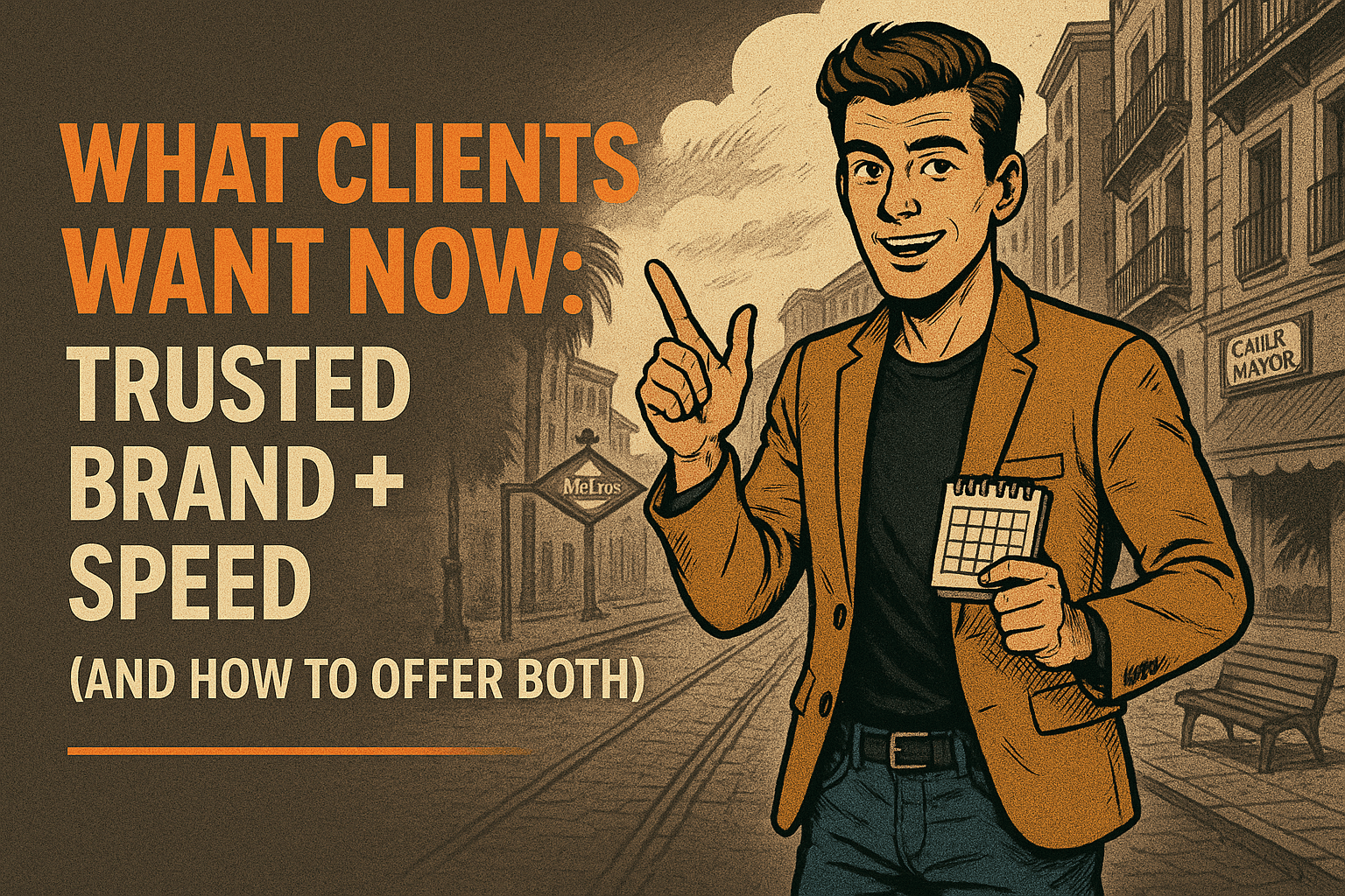 Retro comic/halftone cover: SkillSeek presenter in tan blazer stands on a Spanish street with balconies and a Metro sign, one hand pointing up and the other holding a small calendar; left text panel reads “What Clients Want Now: Trusted Brand + Speed (And How to Offer Both),” with a thin #F26A1E divider.