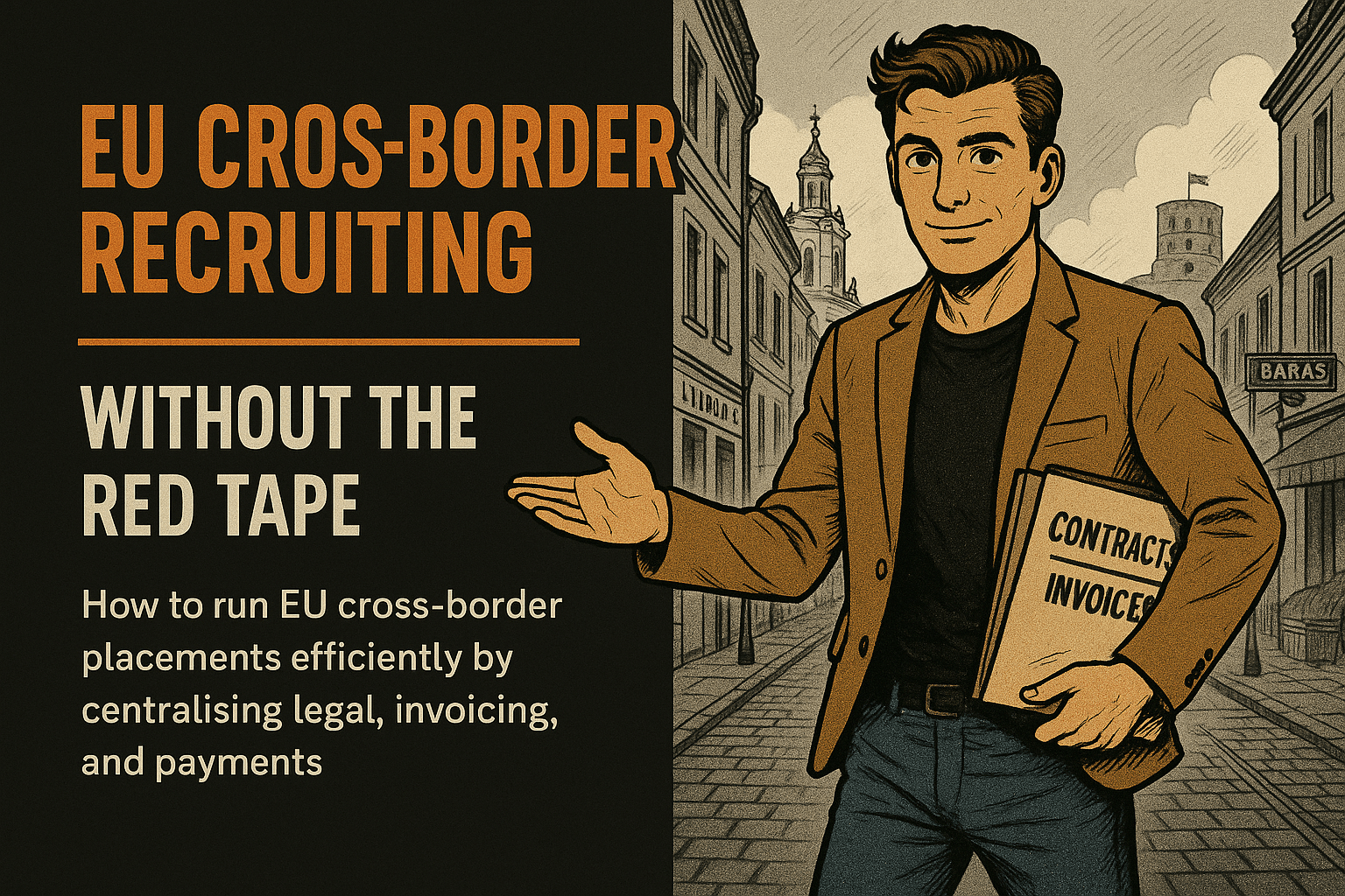 Retro comic/halftone cover: SkillSeek presenter in tan blazer strides along a Lithuanian old-town street, one hand gesturing and the other holding a folder labeled “Contracts / Invoices”; Gediminas Tower and a baroque church rise in the background. Left panel reads “EU cross-border recruiting without the red tape,” with a thin #F26A1E divider and a short subhead about centralizing legal, invoicing, and payments.