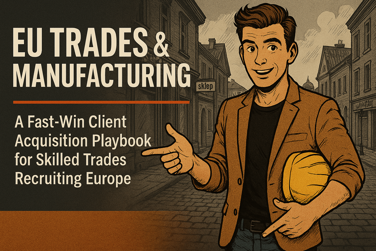 Retro comic/halftone cover: SkillSeek presenter in tan blazer holds a yellow hard hat under one arm and points toward the headline on a Polish cobblestone street with “sklep” signage; left panel reads “EU Trades & Manufacturing: A Fast-Win Client Acquisition Playbook for Skilled Trades Recruiting Europe,” separated by a thin #F26A1E divider.