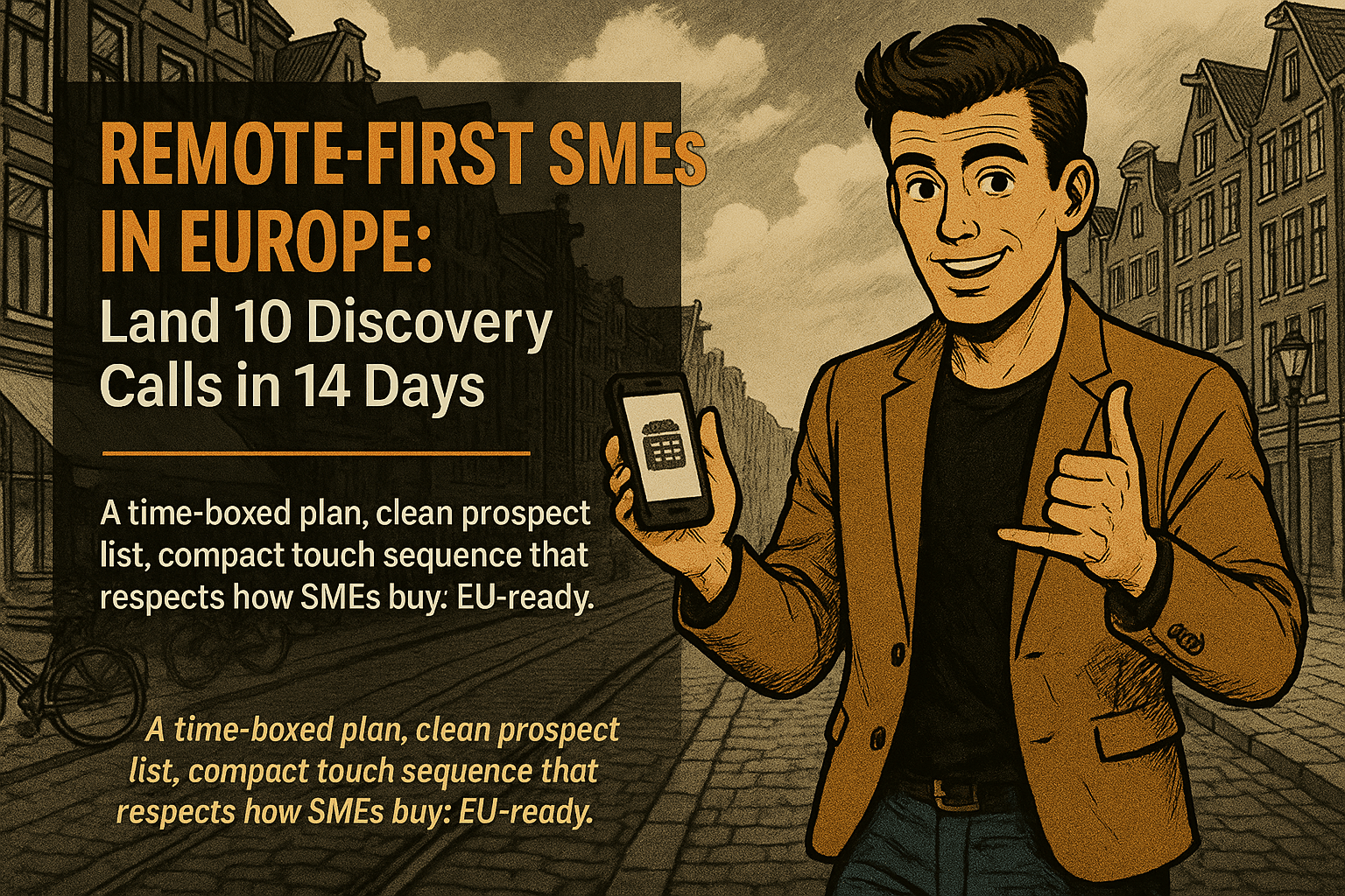 Retro comic/halftone cover: SkillSeek presenter in tan blazer holds up a smartphone with a dialpad and makes a “call” hand gesture on a Dutch canal street lined with narrow gabled houses and bikes; left text panel reads “Remote-First SMEs in Europe: Land 10 Discovery Calls in 14 Days,” with a thin #F26A1E divider and a compact subhead about a time-boxed plan, clean prospect list, and SME-aware touch sequence.