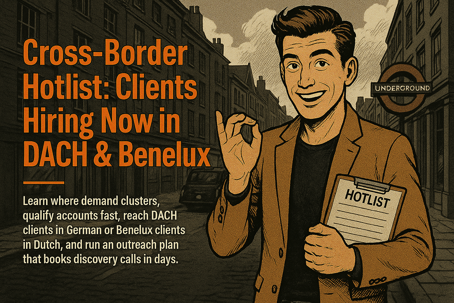 Retro comic/halftone cover: SkillSeek presenter in tan blazer holds a “HOTLIST” clipboard and makes an OK gesture on an English street with brick terraces, a black cab silhouette, and an Underground roundel; left text panel reads “Cross-Border Hotlist: Clients Hiring Now in DACH & Benelux,” with a thin #F26A1E divider and a compact subhead about demand clusters, fast qualification, and bilingual outreach (DE/EN, NL/EN).