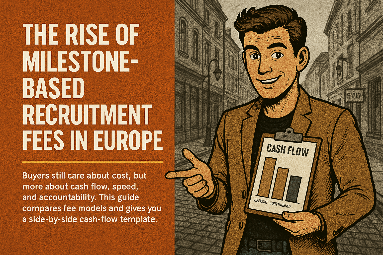 Retro comic/halftone cover: SkillSeek presenter in tan blazer holds a clipboard labeled “Cash Flow” with three bars (retained, contingency, milestone) and points toward it on a Polish cobblestone street with shop signage; left panel reads “The Rise of Milestone-Based Recruitment Fees in Europe,” with a thin #F26A1E divider and a brief subhead on cash flow, speed, and accountability.